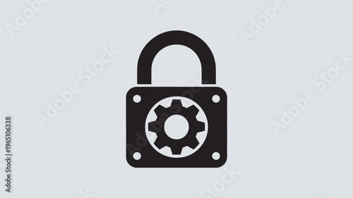 A black and white icon of a padlock with a gear inside on a gray background