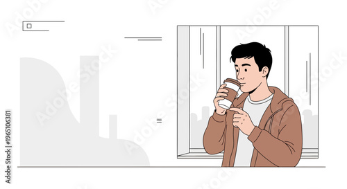 Young man drinking coffee in a modern office with city view