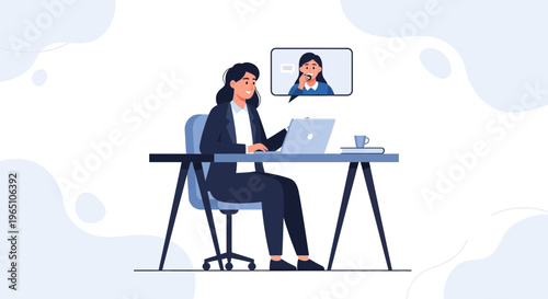 Woman in business suit video conferencing with colleague on laptop at desk