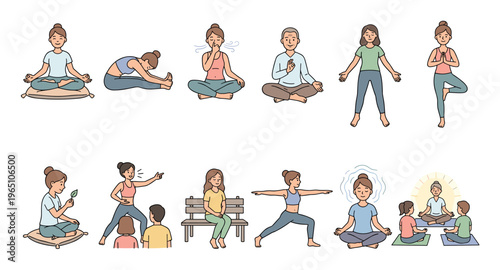 Collection of hand-drawn character illustrations showing diverse people practicing yoga, meditation, and mindfulness exercises in various poses for health and wellness in a cute cartoon style