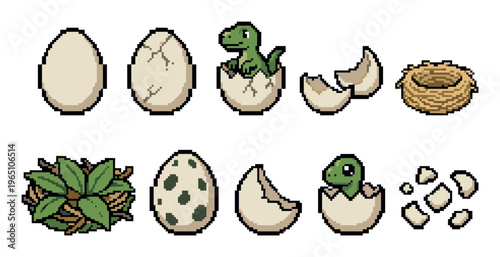 Pixel art icon set of a dinosaur hatching from an egg, showing the life cycle from whole egg to a cute baby reptile emerging from a cracked shell, with nest and leaf elements