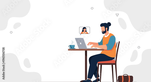 Man working remotely on laptop in cafe with video call, freelance lifestyle