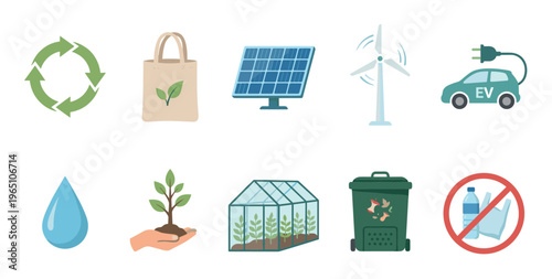 Collection of colorful flat design icons representing ecology, sustainability, and green living concepts like recycling, solar panels, wind turbines, and electric vehicles