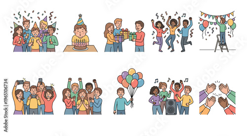 Collection of ten party illustrations showing diverse people celebrating a birthday, dancing, giving gifts, and having fun together in a joyful doodle style