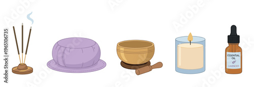 Set of meditation and relaxation items including incense, a zafu cushion, a singing bowl, a candle, and essential oil, presented in a clean, flat illustration style for wellness concepts