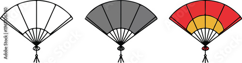 Set of minimalist traditional folding hand fan icons in outline silhouette and colorful red gold flat vector styles.