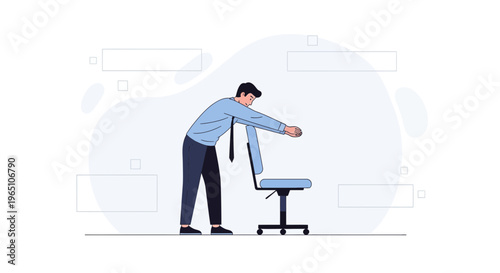 Man stretching his back using an office chair, office worker doing exercise at work