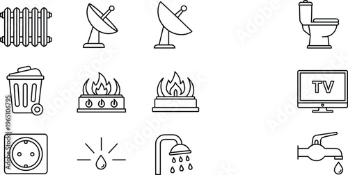 Large set of black farm icons featuring various barn styles, stables, silo, windmill, wooden fence, and cow for agricultural design.