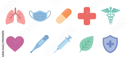 Collection of colorful flat medical icons including lungs, a face mask, pill, caduceus, thermometer, and syringe representing various healthcare and wellness concepts