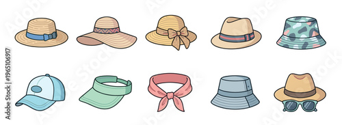 Collection of various summer hats and headwear including straw sun hats, bucket hats, a baseball cap, and a visor, presented as a colorful cartoon vector illustration set for fashion concepts