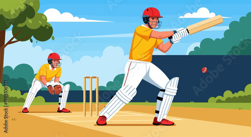 Illustration of a cricket player hitting a ball with a teammate catching in the background on a sunny field.