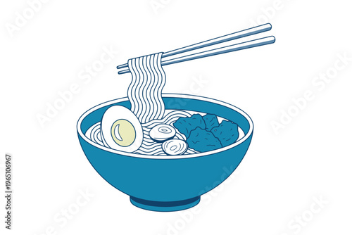 Blue bowl of ramen noodles with chopsticks and hard-boiled egg slices