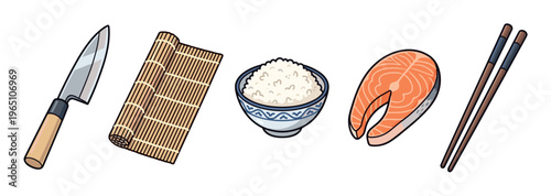 Set of sushi making ingredients and tools including a knife, bamboo mat, bowl of rice, raw salmon steak, and chopsticks in a clean cartoon illustration style