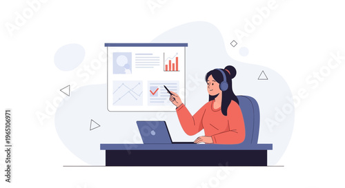 Woman presenting online data on a laptop with a presentation screen behind her