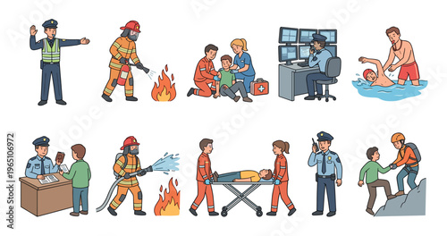 Collection of emergency service worker illustrations showing police, firefighters, and paramedics in various rescue and public safety situations, drawn in a simple cartoon style