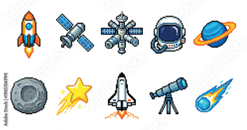 Collection of pixel art space icons featuring a rocket, satellite, astronaut, planet, and moon in a retro 8-bit video game style for digital assets and design elements