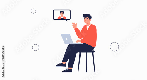 Man on Video Call Waving Hello, Online Communication, Remote Work Concept