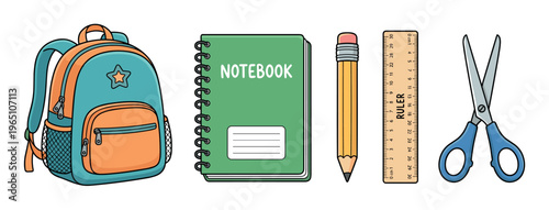 Colorful set of cartoon school supplies including a backpack, notebook, pencil, ruler, and scissors arranged in a neat row for back to school concepts and educational themes