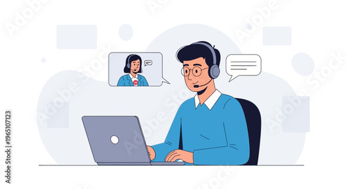 Customer service agent with headset on video call with colleague, working on laptop