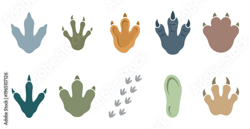 Colorful dinosaur and animal footprint vector icons showing different paw and foot shapes with claws, a collection of prehistoric creature tracks and a human step silhouette