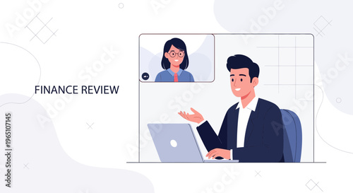 Business meeting via video call, finance review with laptop and colleagues online