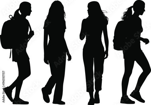 Female silhouettes set with backpacks in casual poses, black woman vector collection isolated on white background, modern urban lifestyle people illustration design