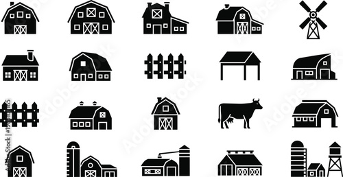 Large set of black farm icons including barns, silos, fences, cattle, windmills, and agricultural outbuildings for rural industry landscape design.