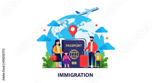 Illustration of a family with luggage and passport for immigration