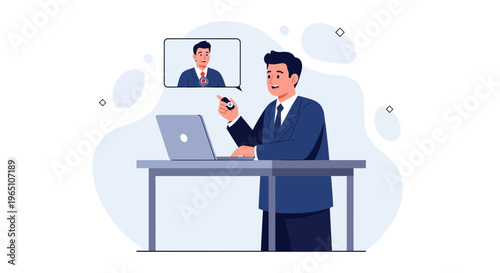 Businessman in video conference, remote meeting, online communication, business man talking on laptop