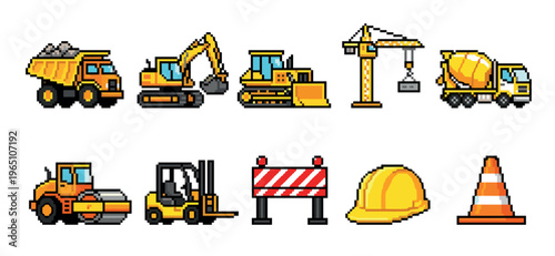 Pixel art construction vehicle and equipment icons set featuring a dump truck, excavator, bulldozer, and crane in a retro 8-bit video game style illustration for graphic design
