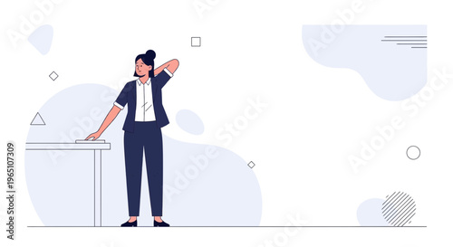 Businesswoman scratching head by desk, confused, thinking, problem solving, office illustration