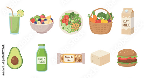 Collection of vegan plant-based food illustrations including a smoothie, salad, fruit bowl, veggie burger, tofu, and oat milk in a flat cartoon graphic style for healthy eating concepts