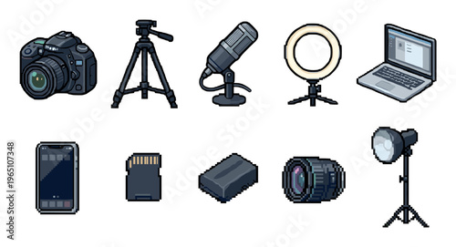 Pixel art collection of vlogging and photography equipment including a camera, microphone, laptop, and lights, illustrated in a retro 8-bit gaming style