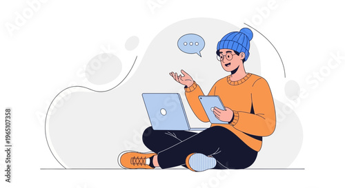 Young person with laptop and tablet, communicating online, flat illustration style