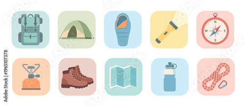 Collection of camping and hiking equipment icons featuring a backpack, tent, sleeping bag, flashlight, compass, stove, boots, map, and rope in a modern flat design illustration style