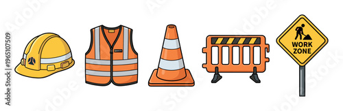 Set of construction safety equipment icons including a hard hat, reflective vest, traffic cone, barrier, and work zone sign in a flat cartoon vector illustration style