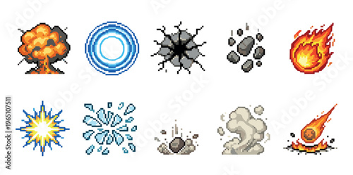 Collection of pixel art special effects sprites for retro video games, including a fiery explosion, meteor, smoke cloud, water splash, impact crack, and energy wave