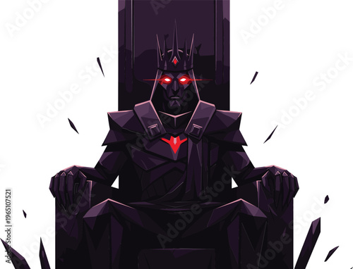 Dark futuristic king character illustration featuring glowing red eyes, armored throne, and sci fi fantasy ruler in dramatic digital vector style