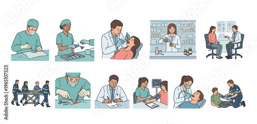 Collection of medical and healthcare illustrations showing various professionals like surgeons, dentists, doctors, and paramedics providing patient care, performing surgery, and giving consultations