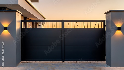 Modern black metal gate with vertical slats and illuminated concrete pillars creating secure elegant residential entrance with minimalist architecture clean lines and contemporary outdoor design
