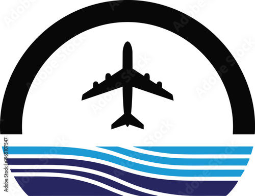 Modern airplane logo illustration featuring a black jet silhouette flying over blue ocean waves inside a circular frame for travel.
