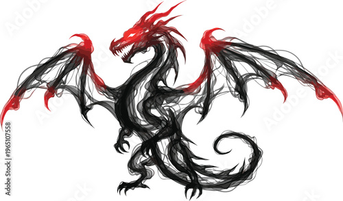 Dark dragon illustration featuring smoky wings, fiery accents, and fierce mythical creature in dynamic fantasy style for dramatic vector artwork