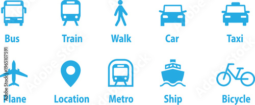 Icons representing various modes of transportation and location services Vector, illustration