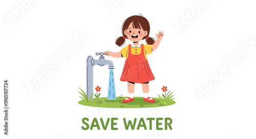 Cartoon girl standing next to a water pump with a Save Water sign in a green field with flowers