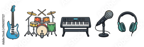 Musical instruments and audio equipment collection features essential gear for creating, performing, and enjoying music in a vibrant cartoon illustration style.