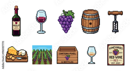 Various pixel art wine and winemaking elements including bottles, glasses, grapes, barrels, and cheese, perfect for retro game design or digital projects.