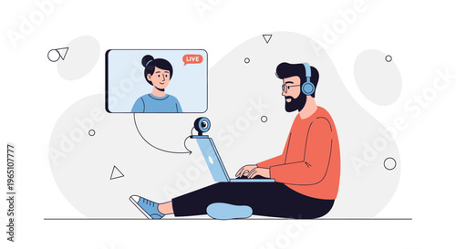 Man with headphones on laptop, video call with woman on screen, live streaming concept