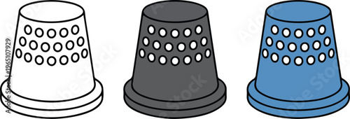 Set of minimalist sewing thimble icons in outline silhouette and colorful yellow flat vector tailor craft styles.