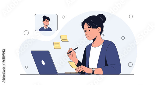 Woman on Video Call Taking Notes, Remote Work, Online Meeting, Businesswoman