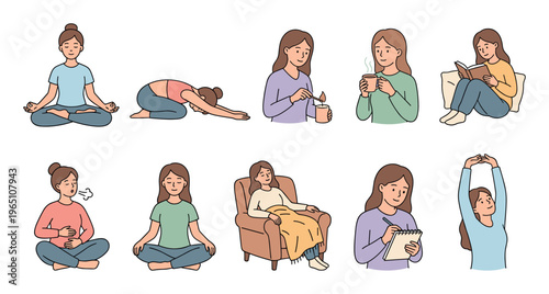 Young woman performs various self-care activities, including yoga, meditation, reading, and relaxation, promoting well-being and stress relief.